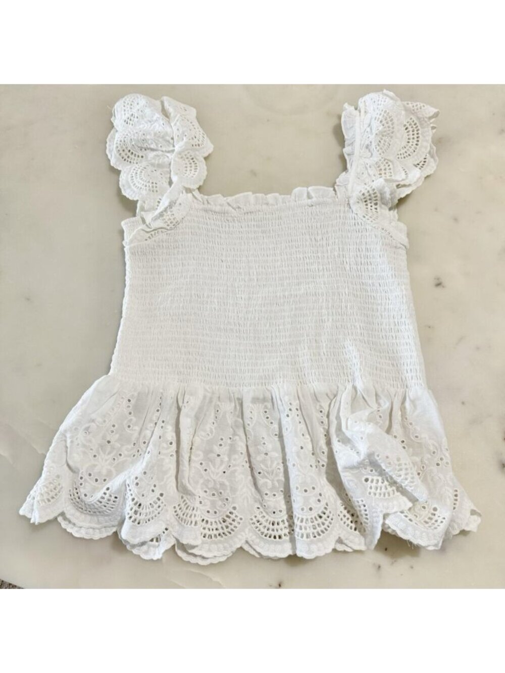 Size S Cotton White Eyelet Flutter Sleeves Smocked Peplum Top - Picture 2 of 5